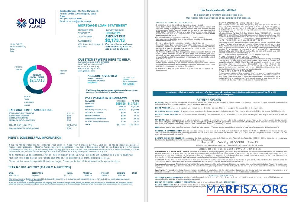 Realistic Qatar QNB Alahli bank mortgage statement in Word and PDF formats 1 2 download for verification